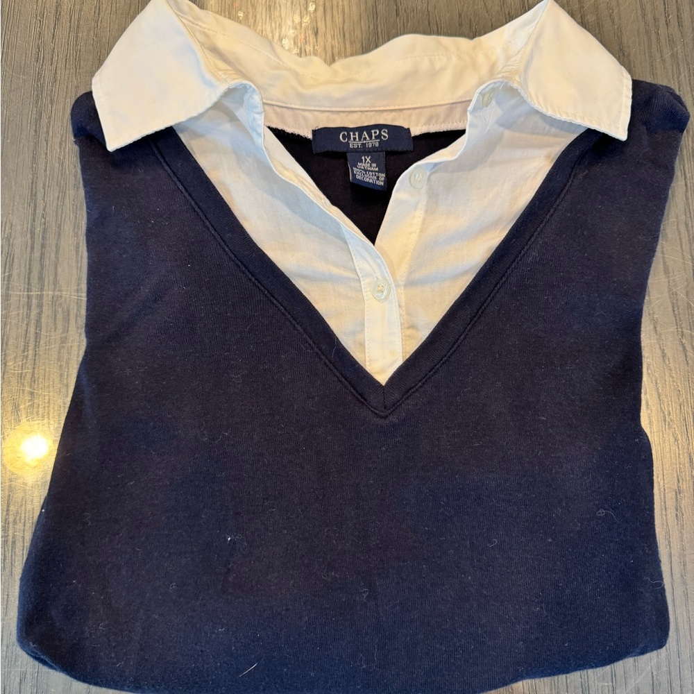 Chaps Top with Attached Button Up Undershirt in Blue and White Size 1X